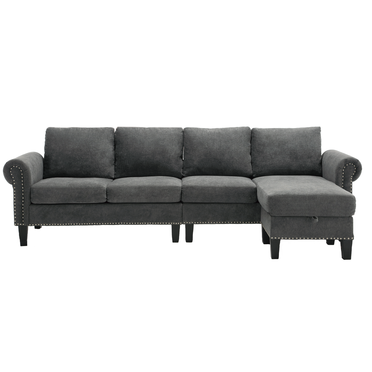 Gray L-shaped sectional sofa with tufted arms, deep back cushions, and chaise ottoman