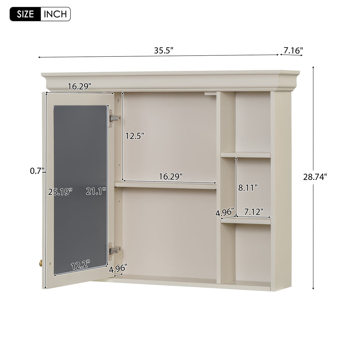 Bathroom wall storage cabinet dimensions diagram, cream frame and mirror-door style