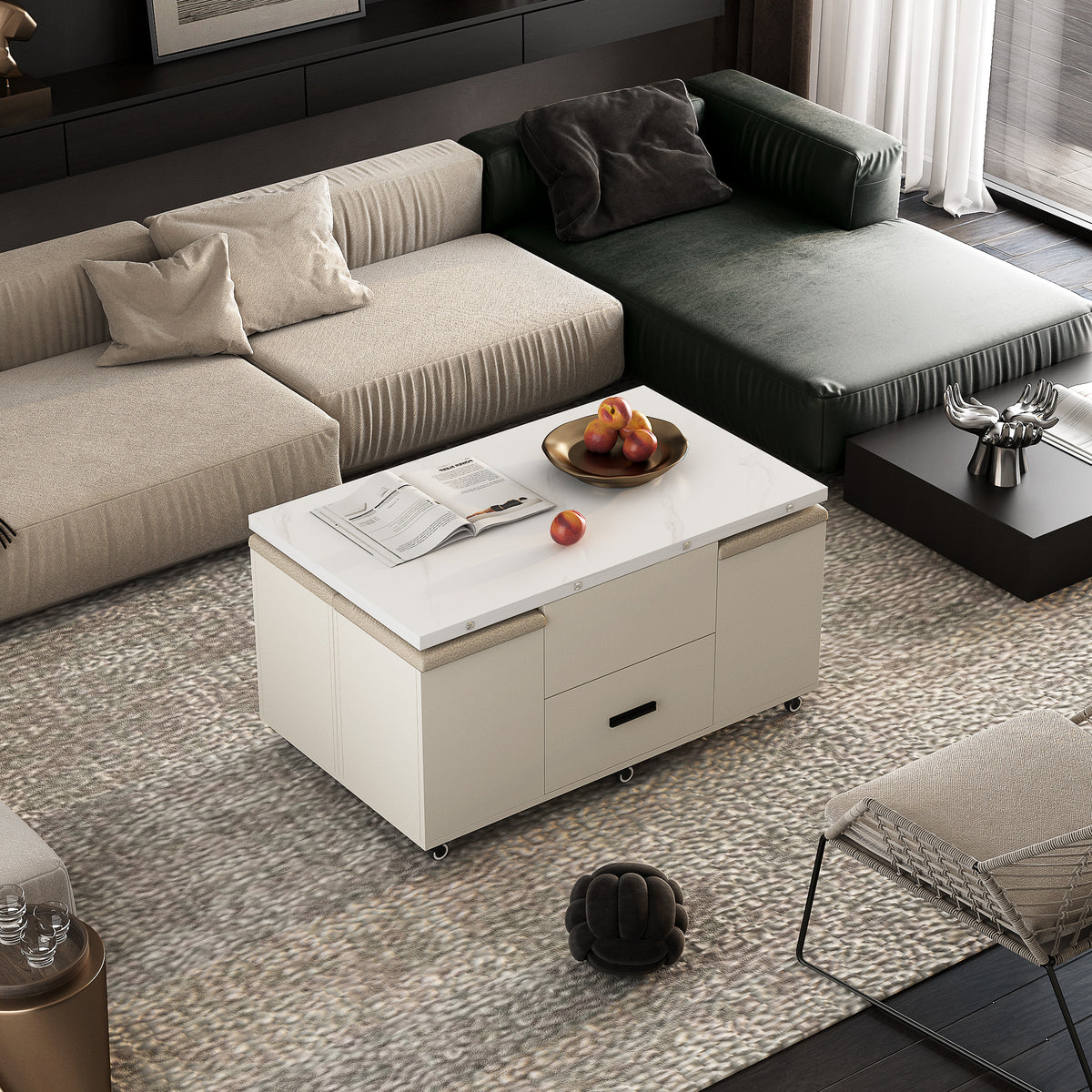 White lift-top coffee table with two drawers and covered storage under lift top