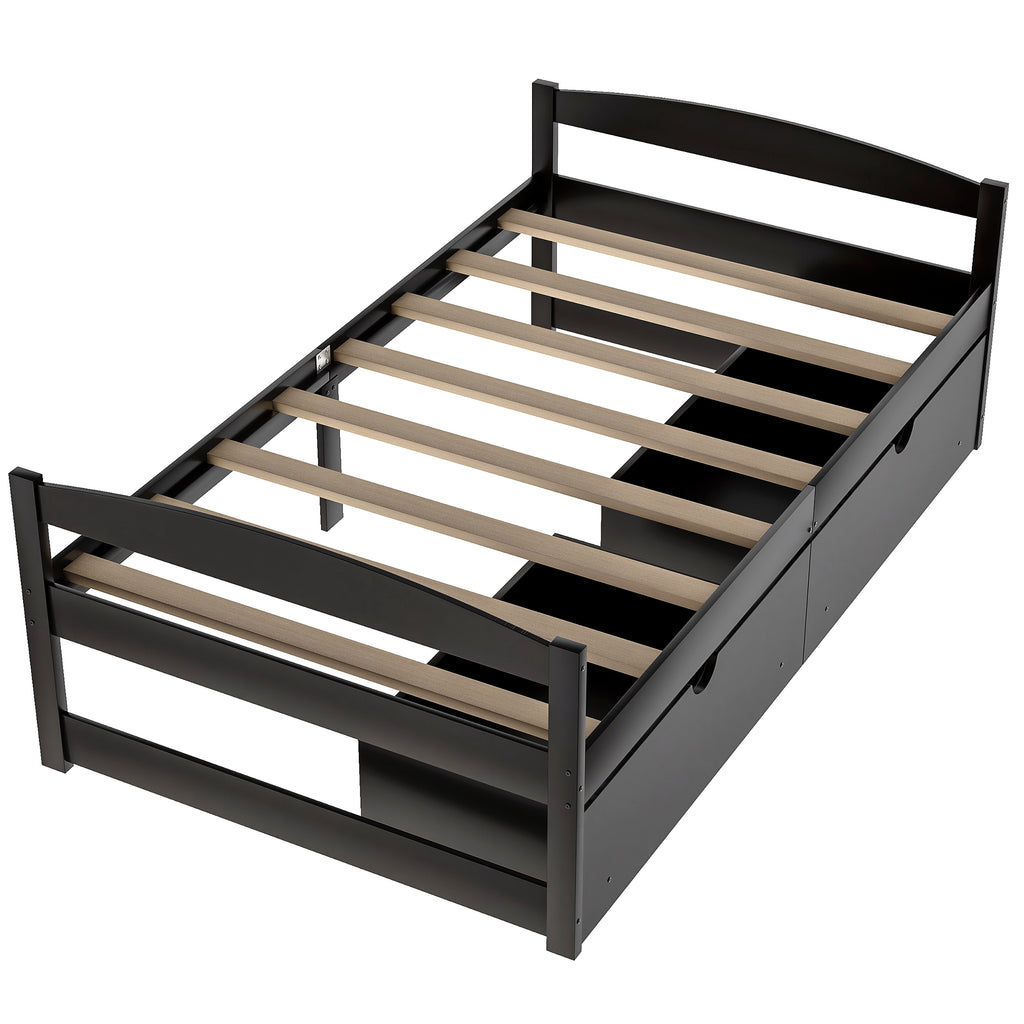 Twin platform bed with two drawers, espresso frame, angled view of slat mattress deck