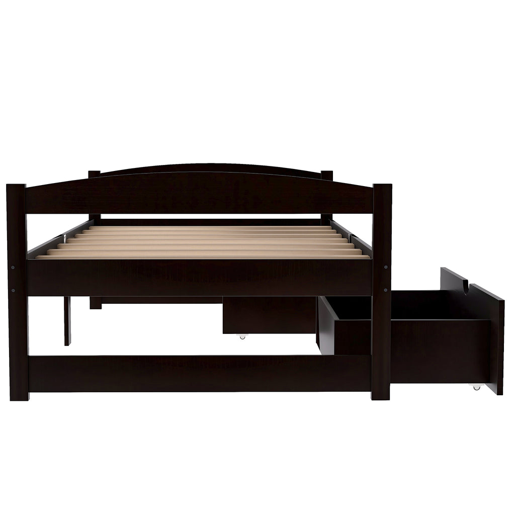 Espresso twin platform bed with slat support and open drawer storage compartment