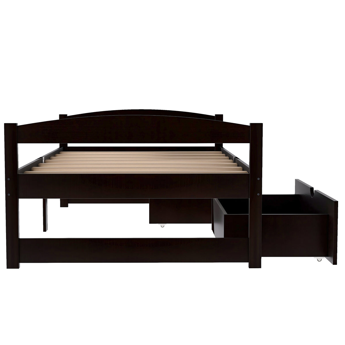 Espresso twin platform bed with slat support and open drawer storage compartment