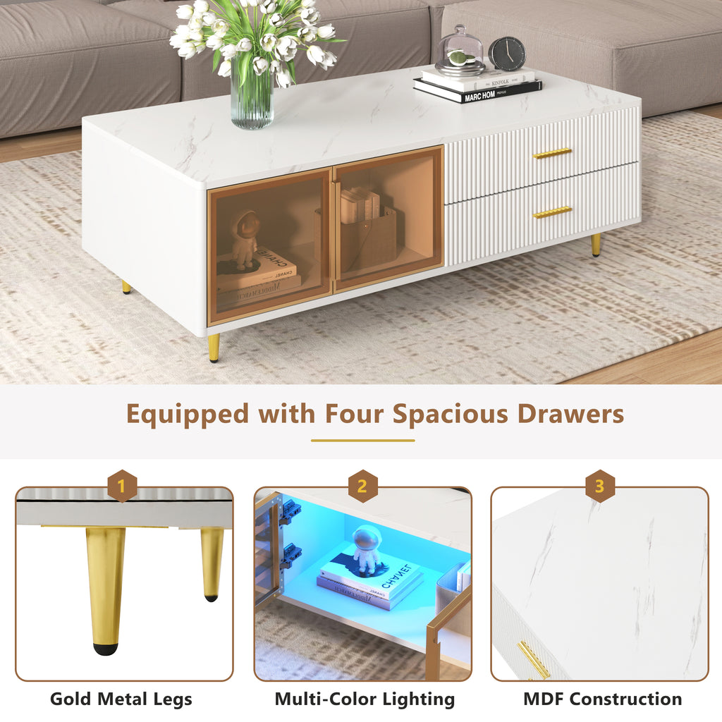 White coffee table with four drawers, two framed glass doors, gold metal legs