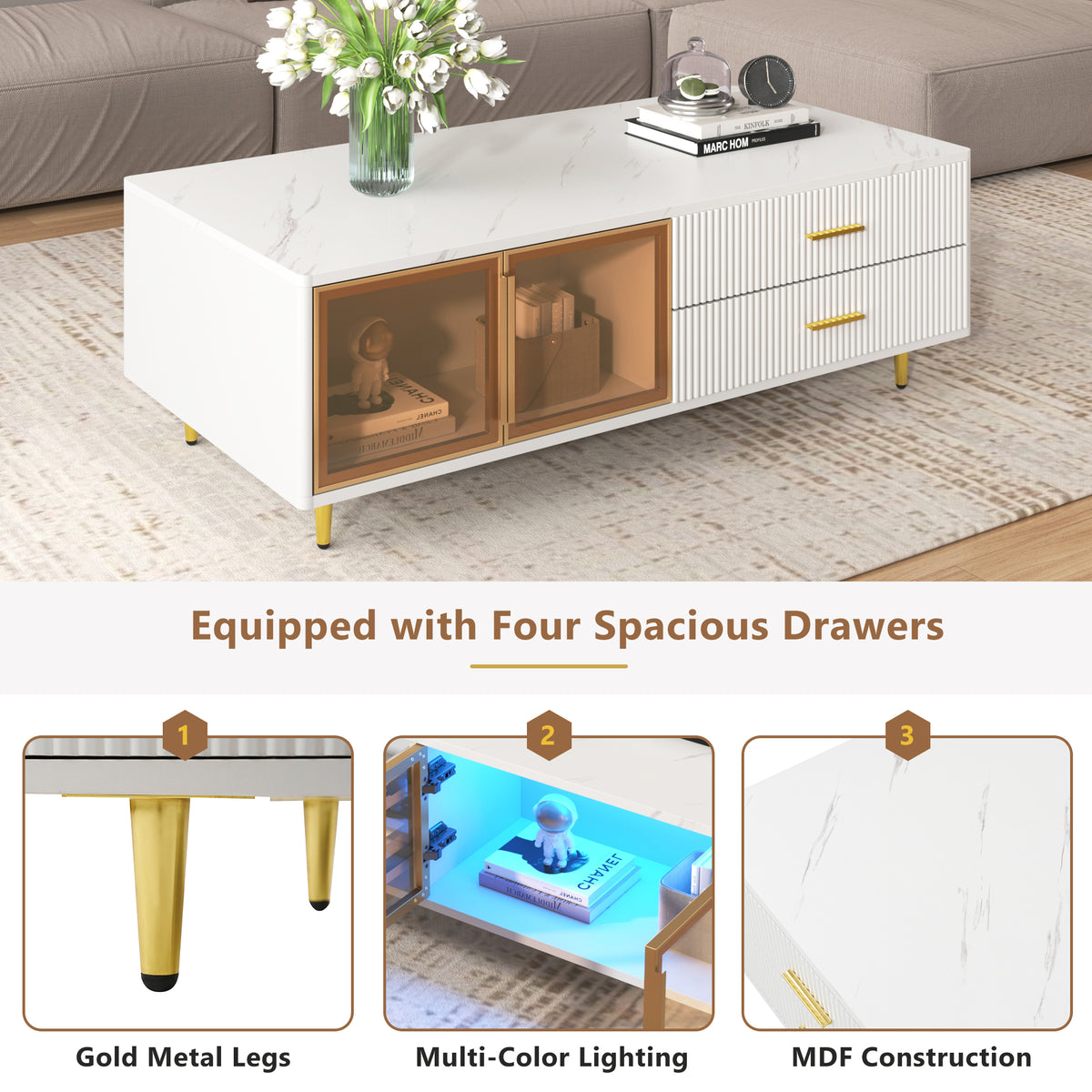 White coffee table with four drawers, two framed glass doors, gold metal legs