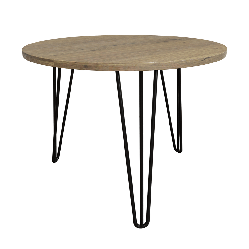 Round nesting coffee table with light brown wood top and black metal legs
