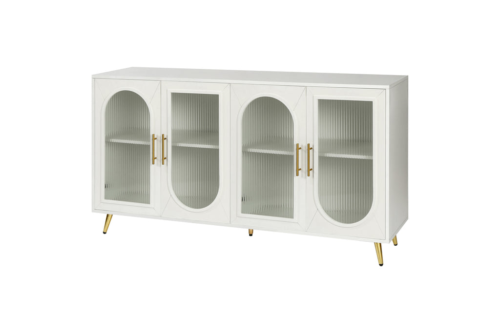 Antique white TV stand with four arched glass doors and gold-toned handles