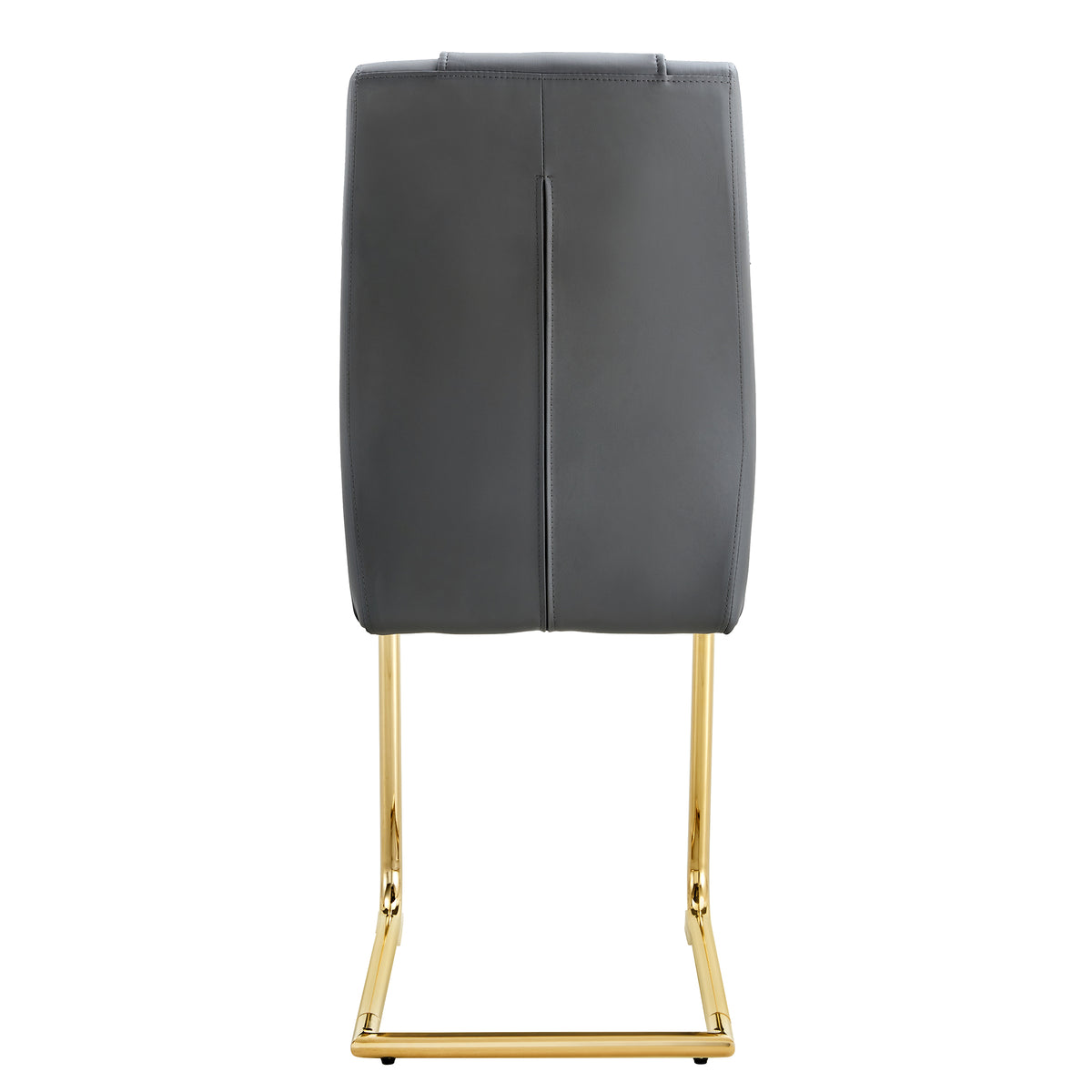 Gray faux leather chair with smooth padded back and gold metal frame legs