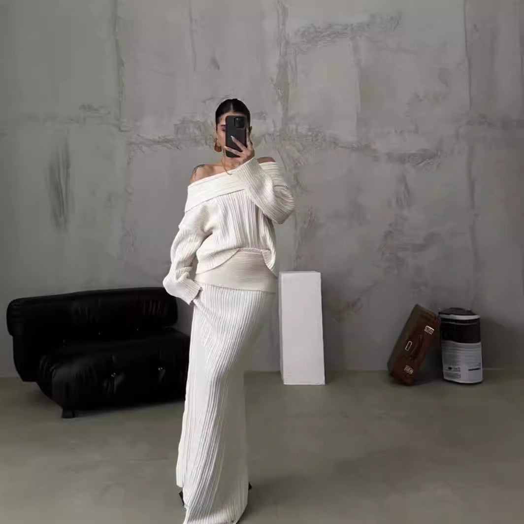 White off-shoulder ribbed knit sweater with matching long skirt set
