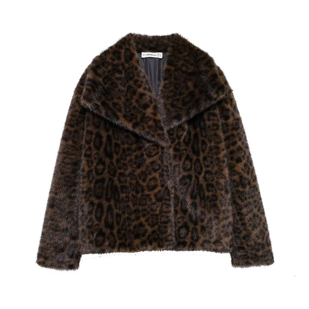 Leopard print faux fur jacket with wide shawl collar, long sleeves, open front