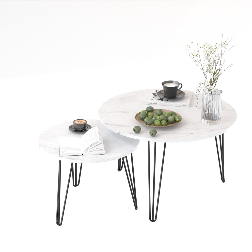 Round nesting coffee table set of 2 with white tops and black metal legs