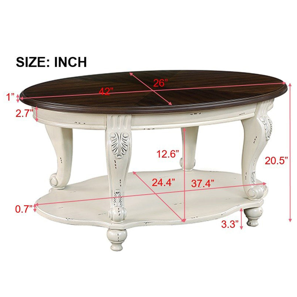 Antique white oval coffee table with dark wood top and open storage base