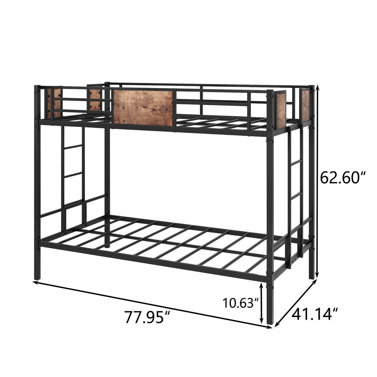 Black metal twin-over-twin bunk bed with ladder and slatted support, full-length guardrail