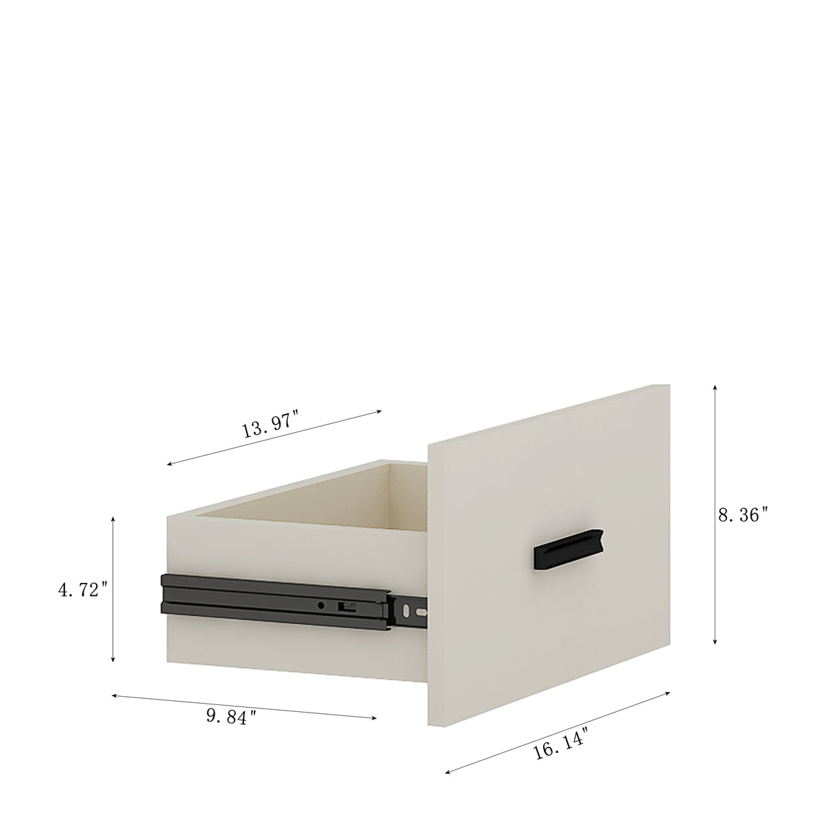 White coffee table with open lift top and drawer, dimensions shown