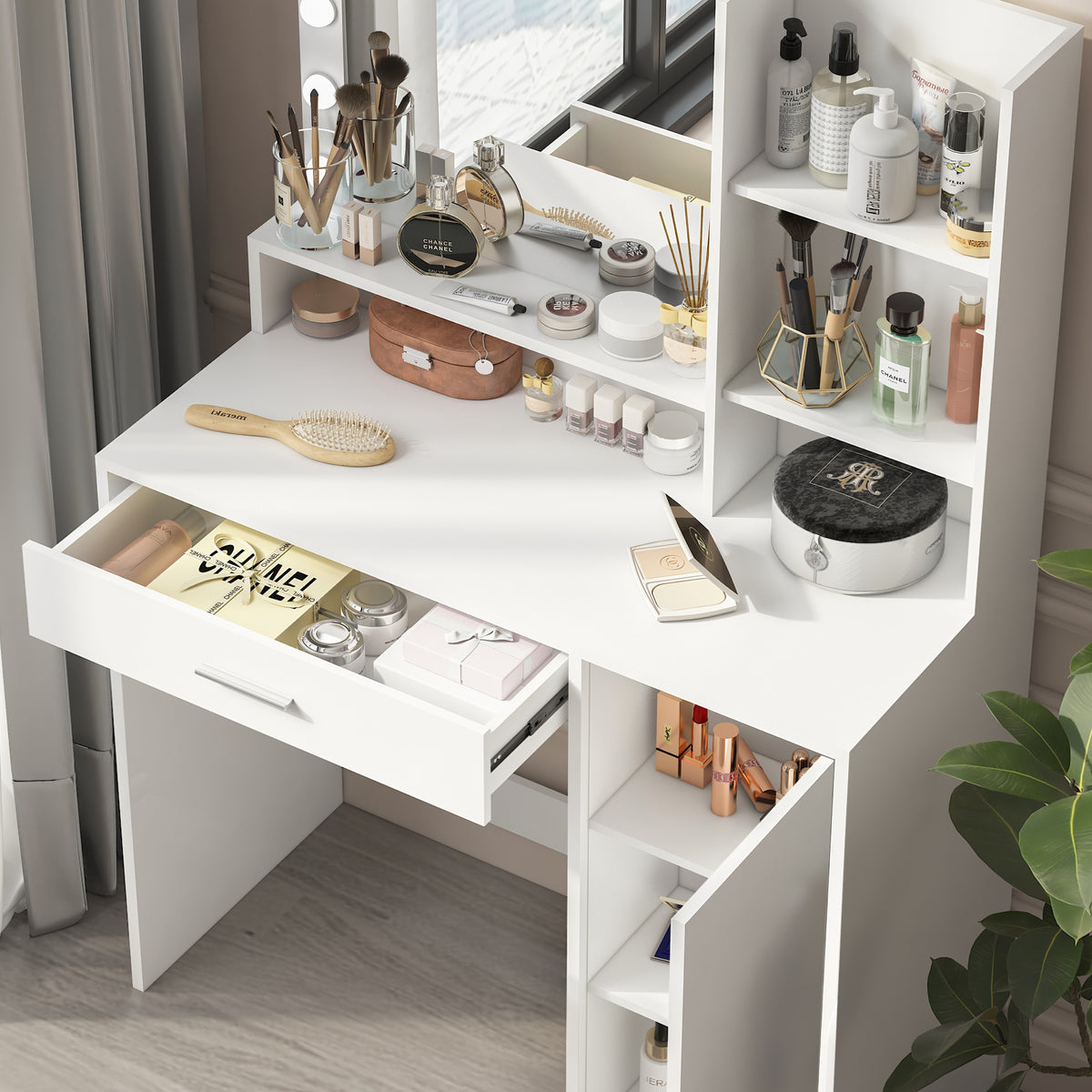 White makeup vanity desk with drawers and shelves, lighted mirror, open storage