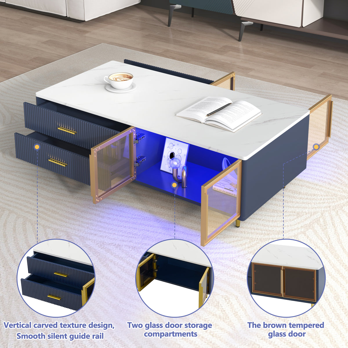 Navy coffee table with marble-style top, glass doors, and blue LED-lit interior
