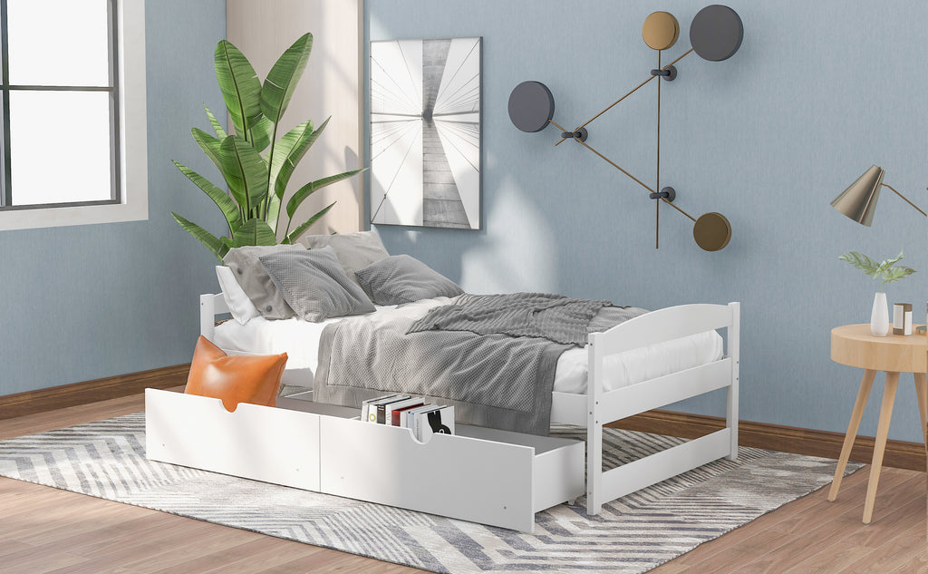 Twin platform bed in white with two drawers, open storage and slatted base.