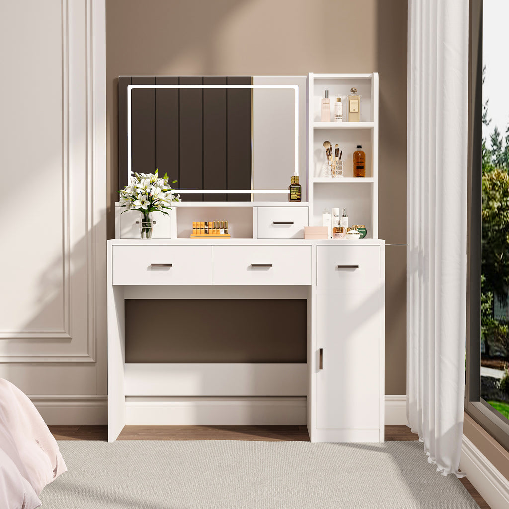 White vanity dressing table with framed mirror, drawers, and enclosed cabinet storage
