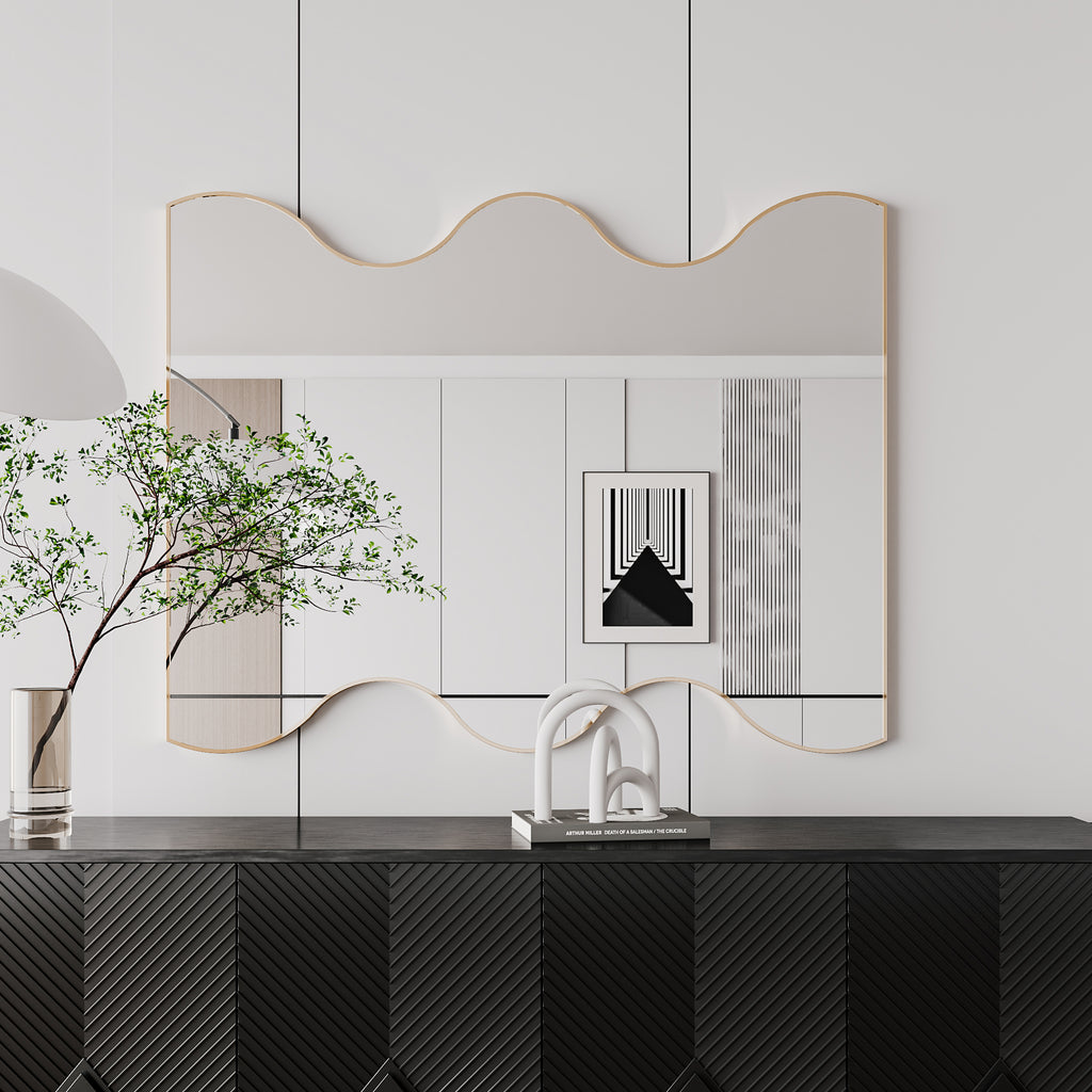 Wavy-edged rectangular vanity wall mirror with black metal frame