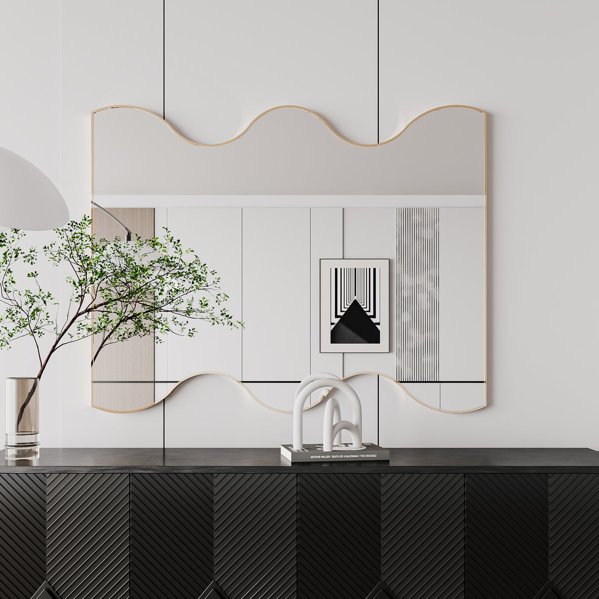 Wavy-edged rectangular vanity wall mirror with black metal frame