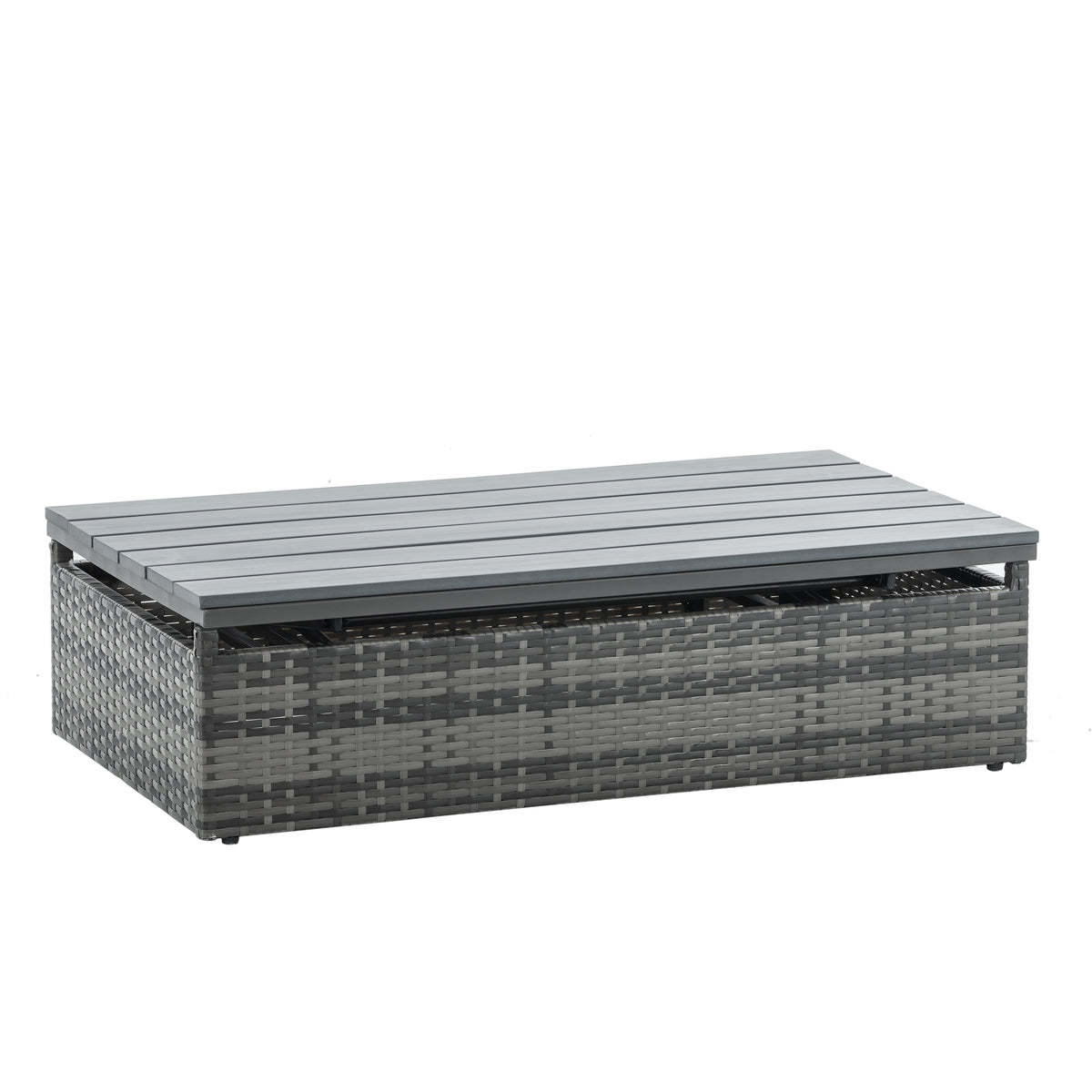 Dark gray PE wicker coffee table with slatted lid, rectangular outdoor storage bench