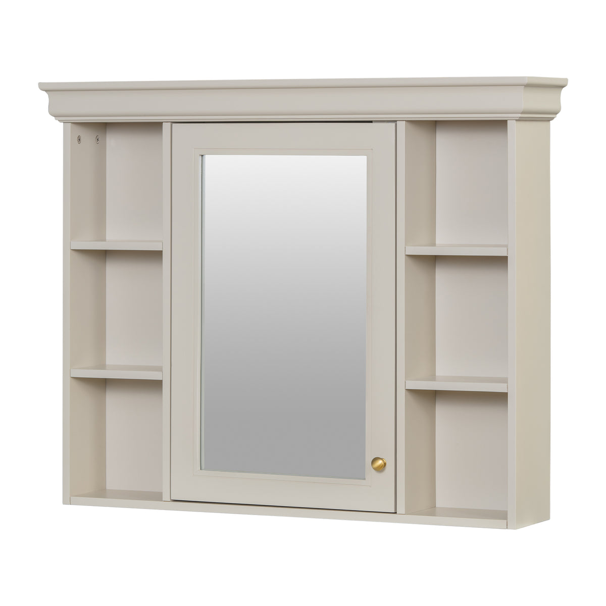Cream bathroom wall cabinet with mirror door and symmetrical side shelving