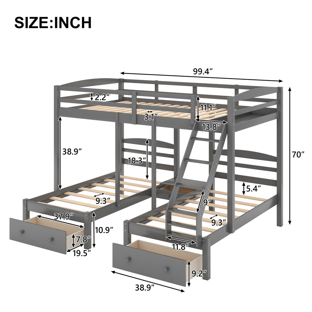 Gray triple bunk bed size diagram with labeled dimensions and ladder height