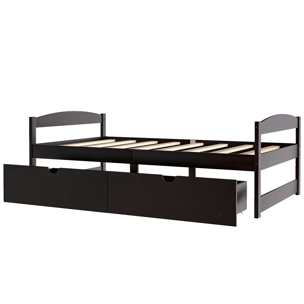 Twin platform bed with two drawers, espresso frame, panel headboard and footboard