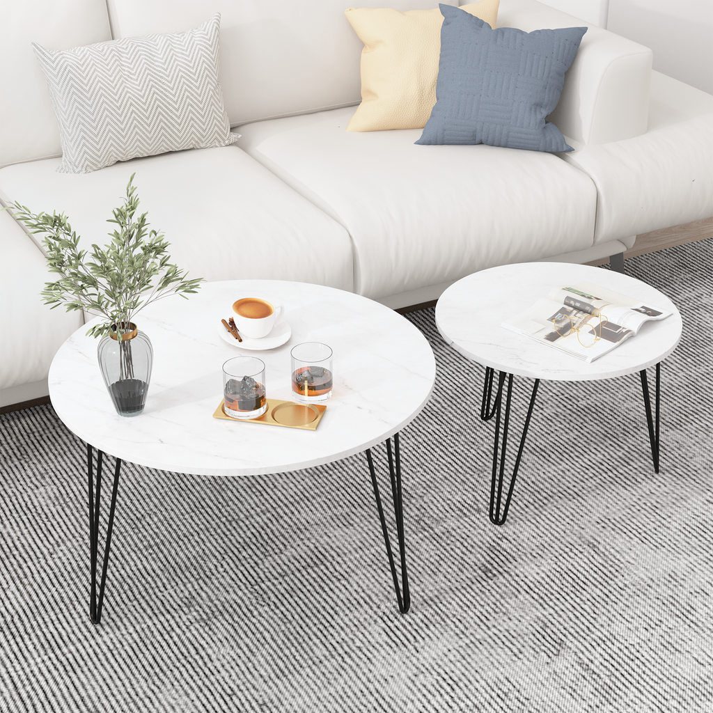 Round nesting coffee table set of 2 with white tops and black metal tripod legs