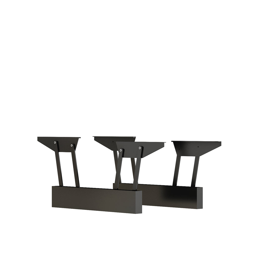 Black metal lift mechanism legs under white coffee table frame