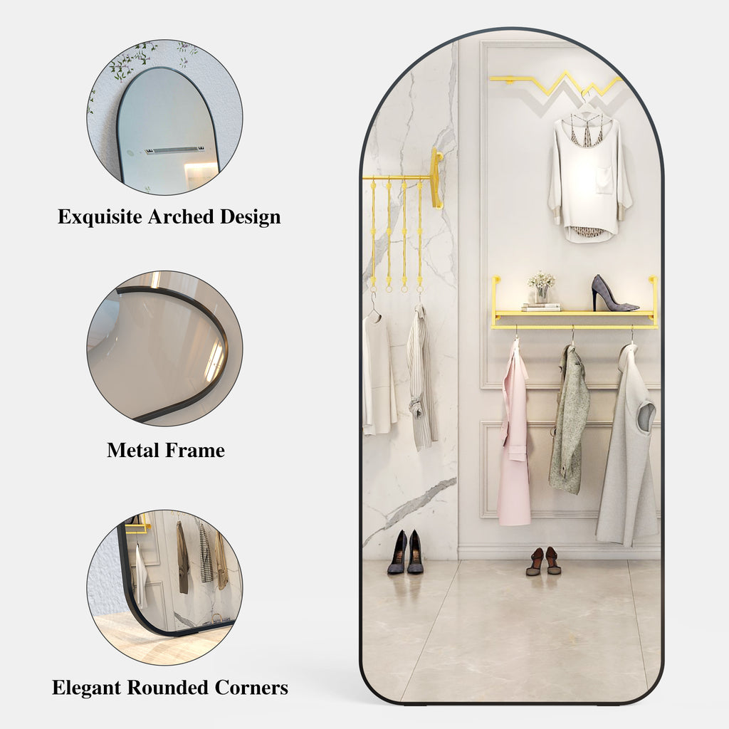 Arched full-length mirror with black frame and rounded corners for entryway display.