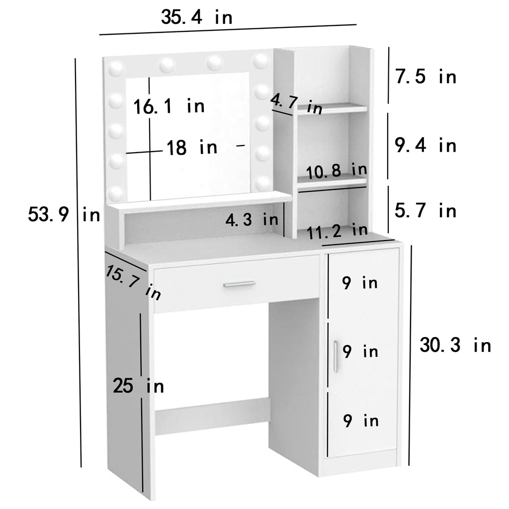 White makeup vanity desk with lighted mirror, dimension diagram, drawer and cabinet
