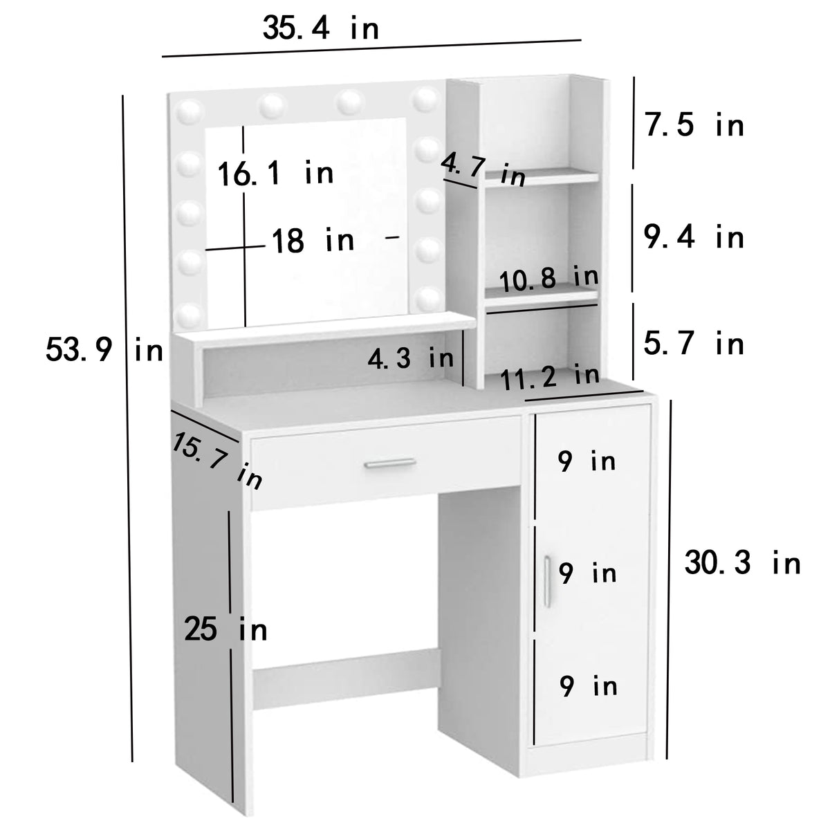 White makeup vanity desk with lighted mirror, dimension diagram, drawer and cabinet