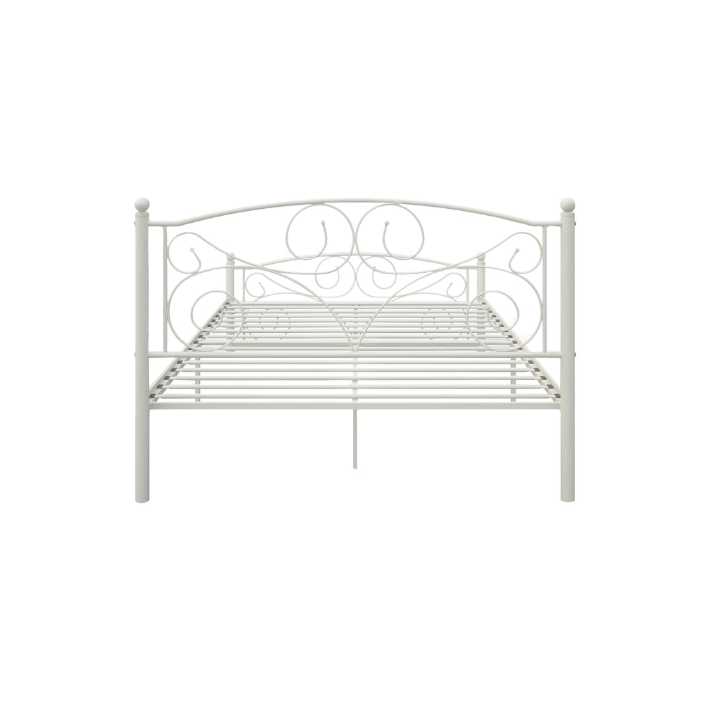 White metal bed frame front view with arched scrollwork headboard and wire slats