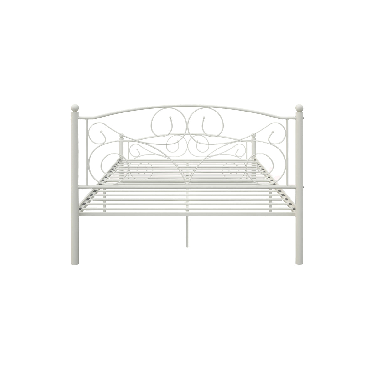 White metal bed frame front view with arched scrollwork headboard and wire slats