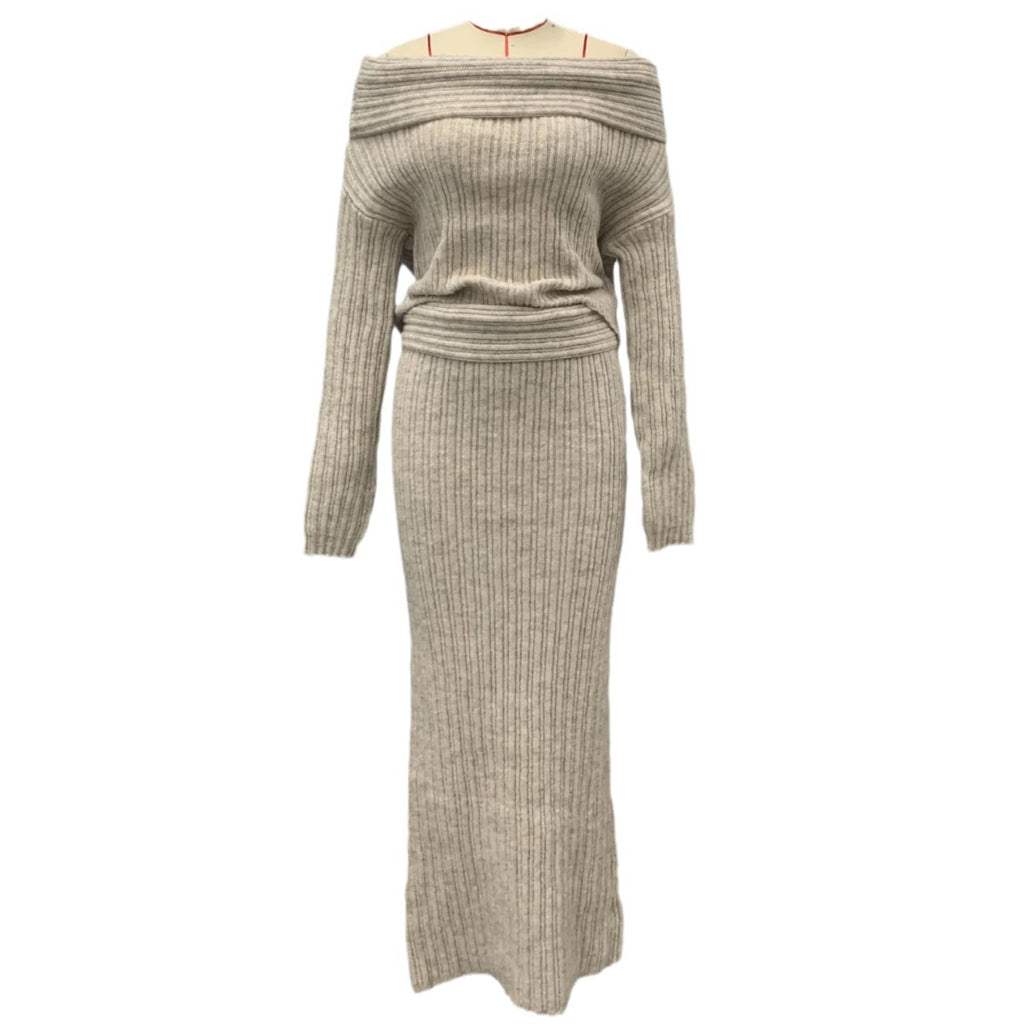 Beige off-shoulder ribbed knit sweater with matching long ribbed skirt set