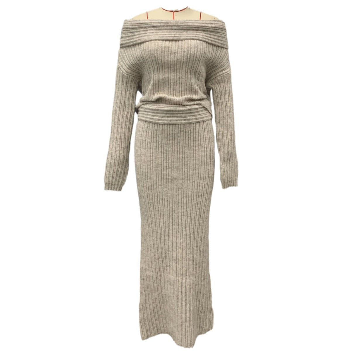 Beige off-shoulder ribbed knit sweater with matching long ribbed skirt set