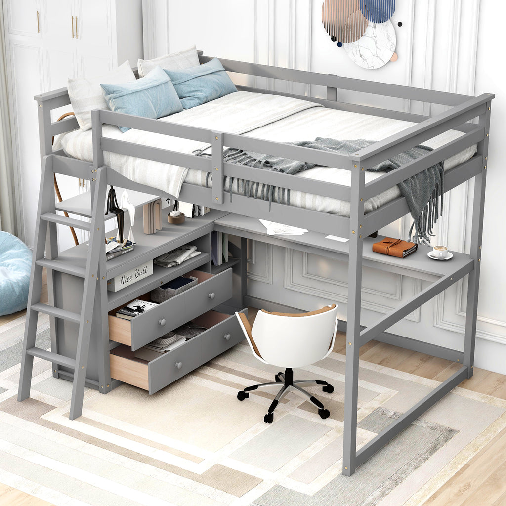 Gray loft bed with pine slat platform, desk, shelves, and two drawers