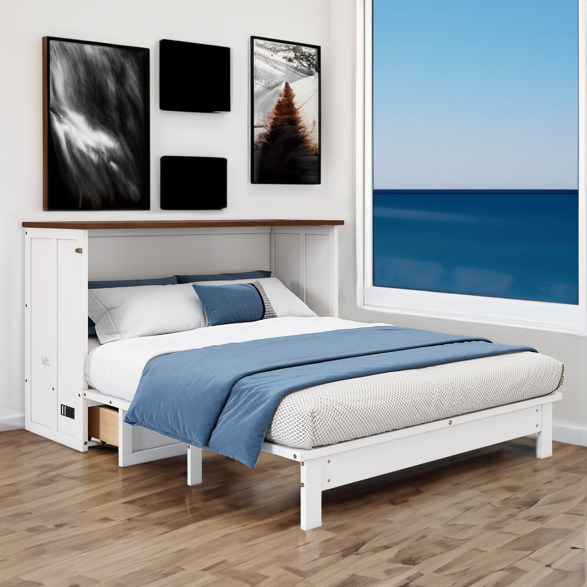 White and walnut queen Murphy bed chest with open bed and storage base drawer