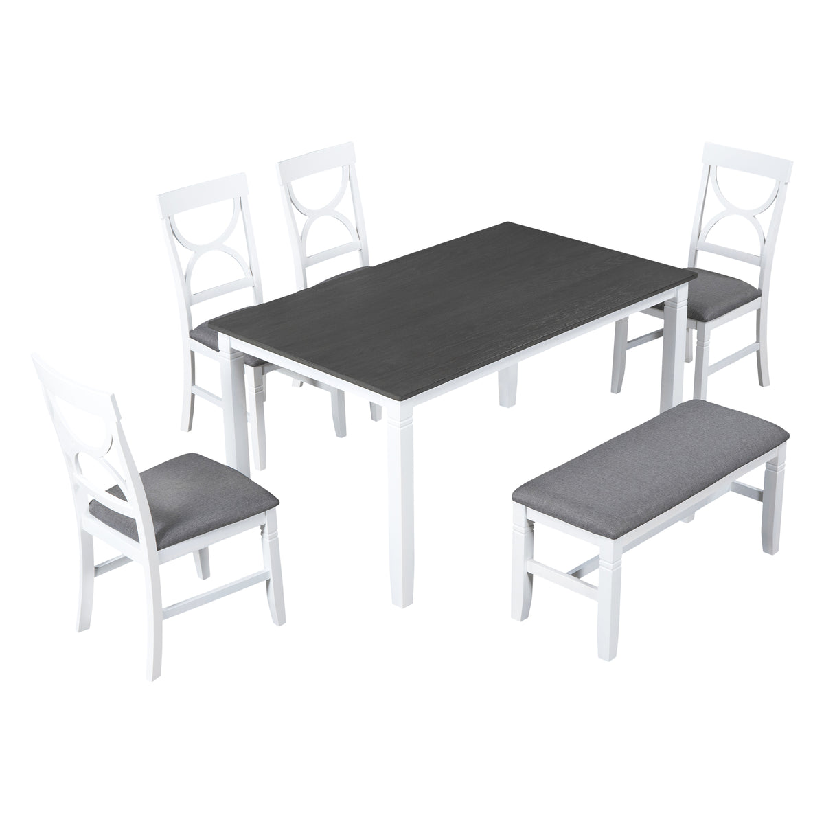 Dining set corner view with dark gray table, gray bench, and white chairs