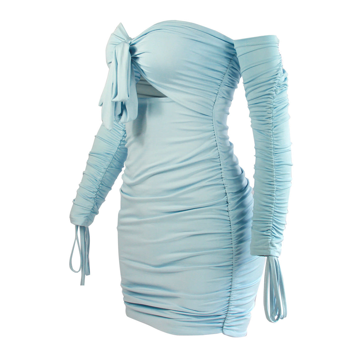 Light blue ruched mini club dress with off-shoulder drape and long sleeve ties