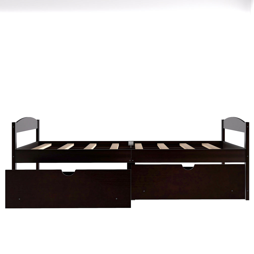 Twin platform bed with two drawers, espresso finish, side view of drawer fronts and rails
