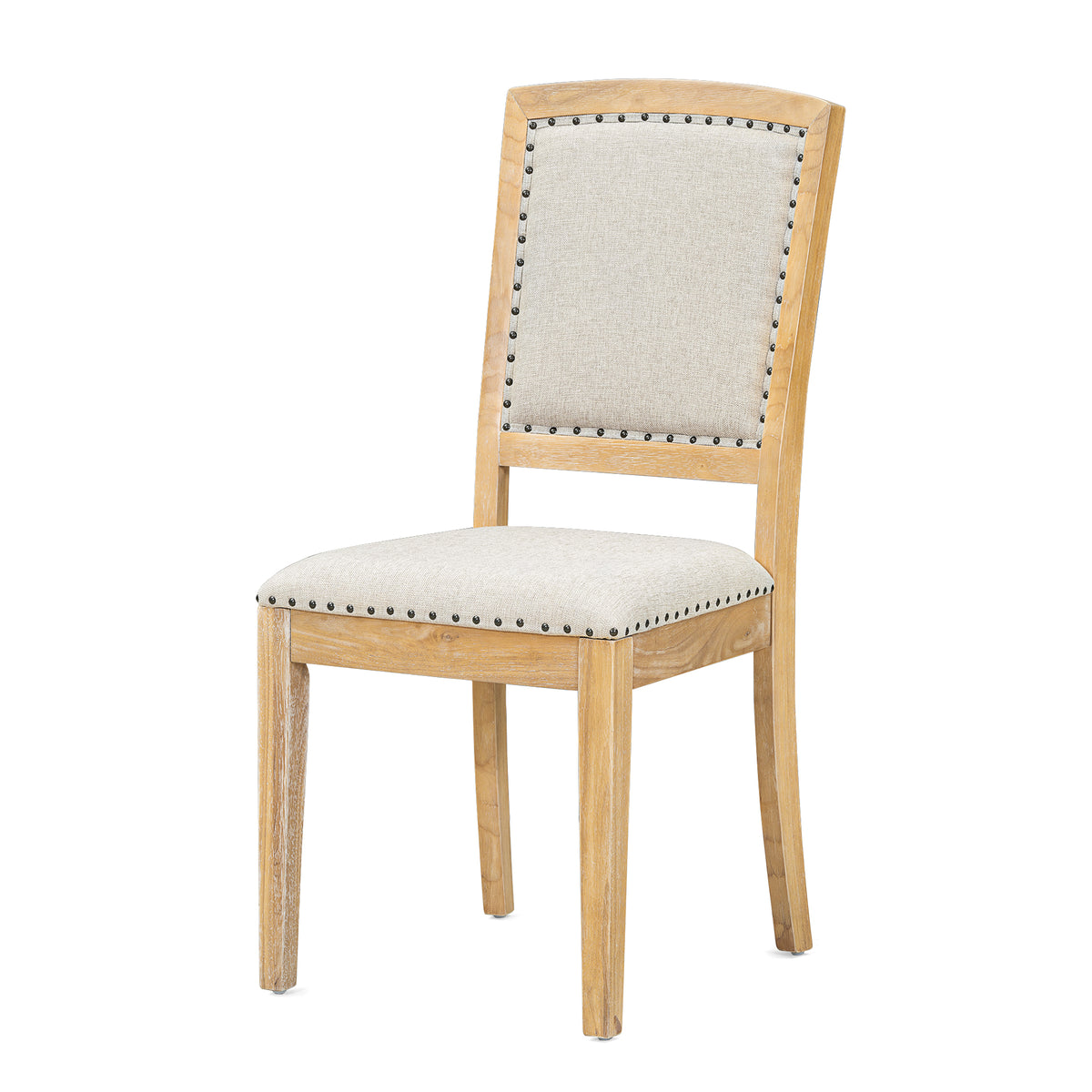 Dining chair in natural wood with light gray upholstered seat and studded back trim