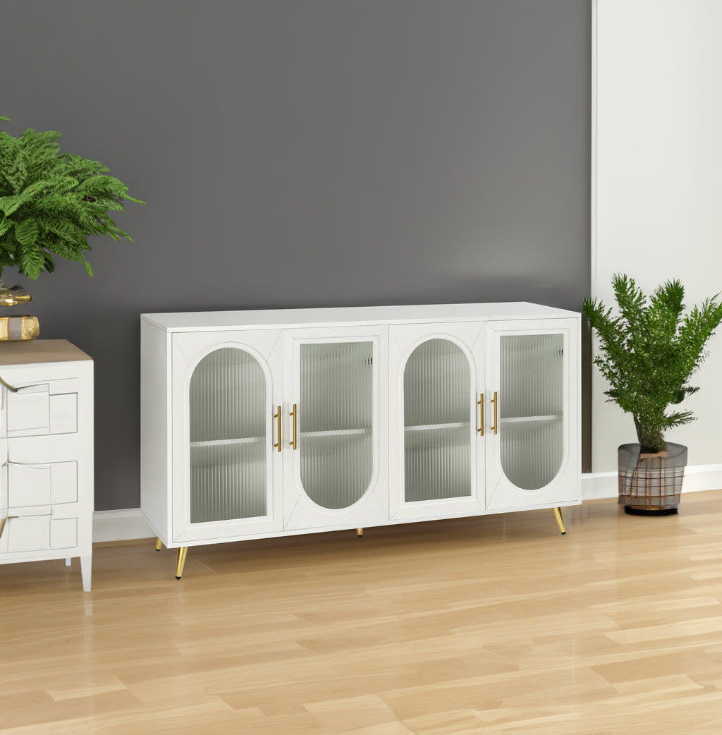 Antique white TV stand with 4 glass display doors, gold handles, and slim gold legs