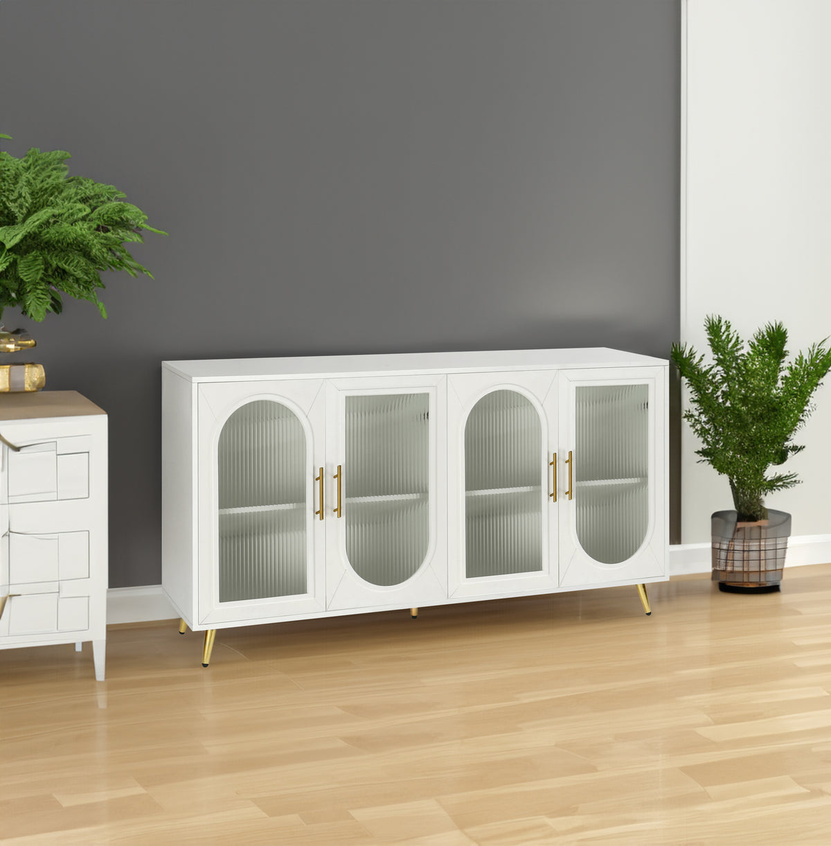Antique white TV stand with 4 glass display doors, gold handles, and slim gold legs