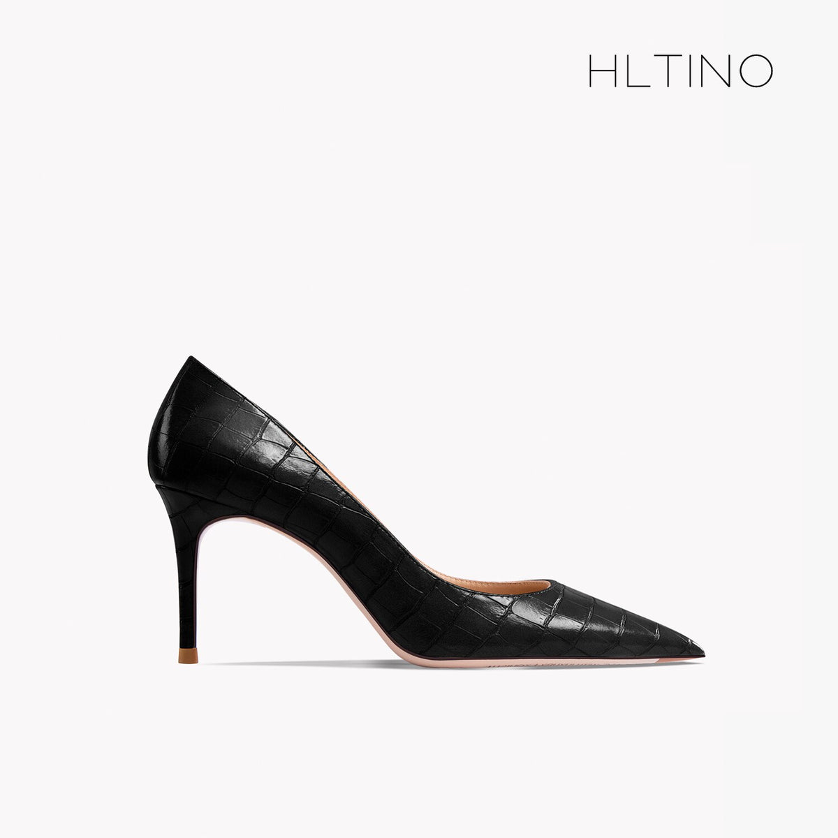 Women’s pointed-toe patent leather stiletto heels, black quilted texture, thin gold heel