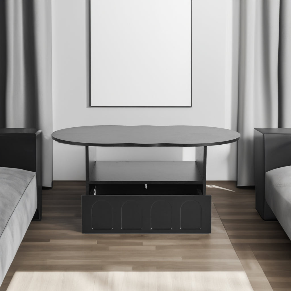 Black round coffee table with storage drawer doors and caster wheels