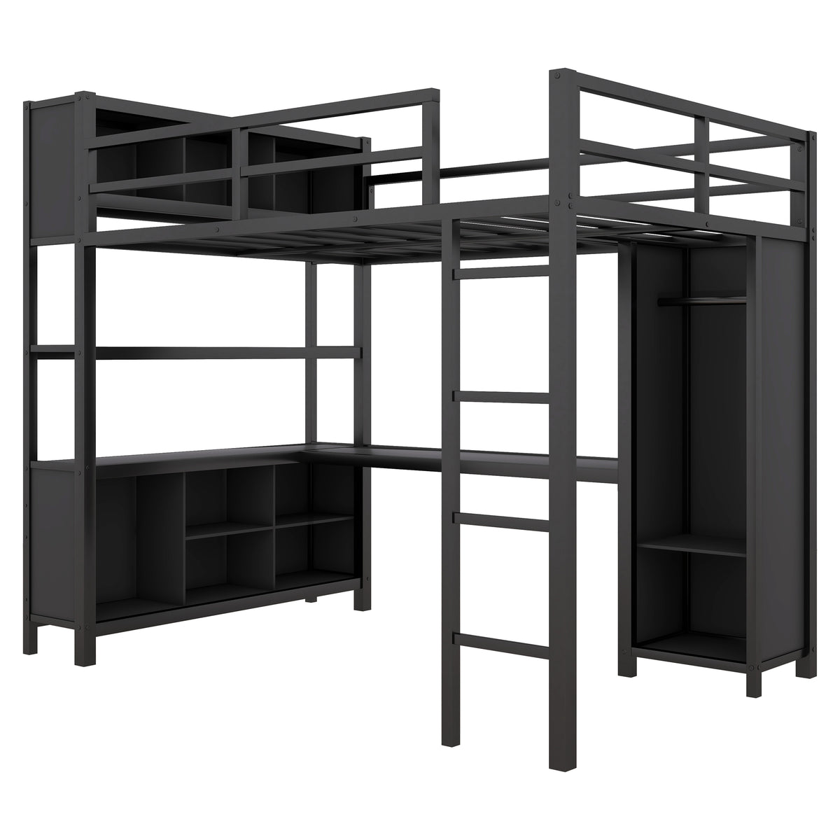 Black metal loft bed with wardrobe cabinet, ladder, and side open storage cubbies