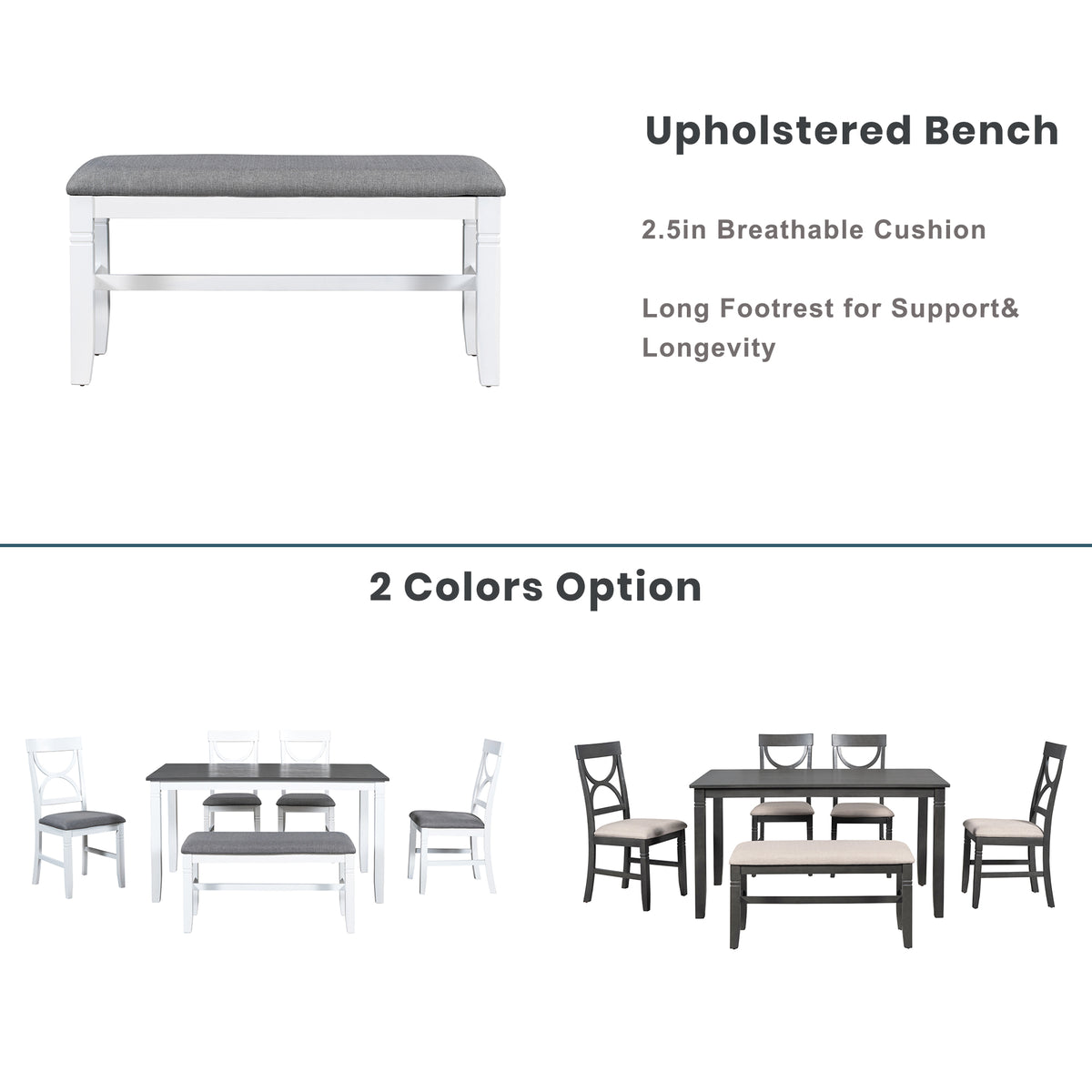 Upholstered dining bench with gray cushion and white wooden legs