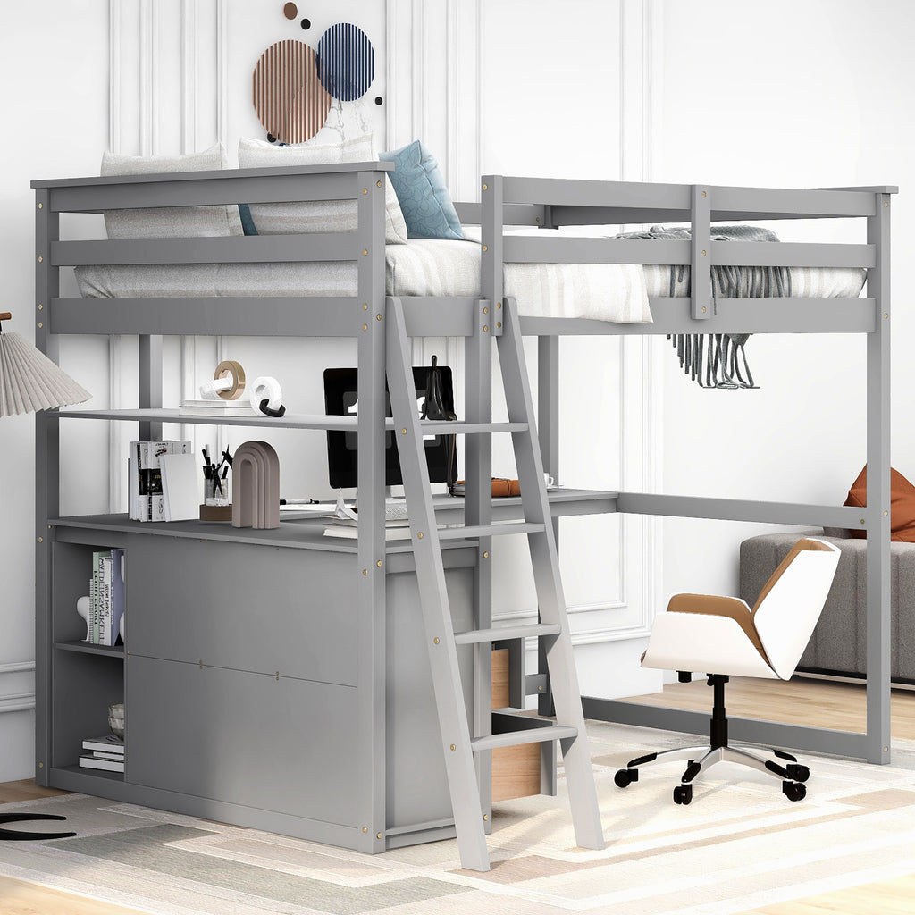 Gray loft bed with desk and shelving, ladder on the side, full-length rails