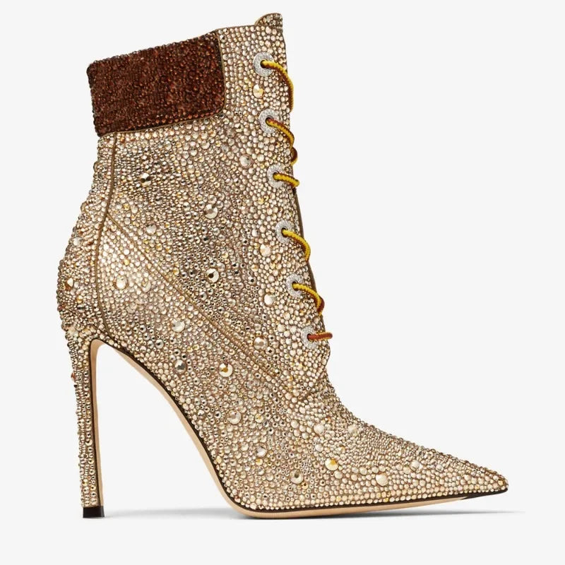 Champagne rhinestone ankle boots with dark brown cuff, lace-up, high stiletto heel